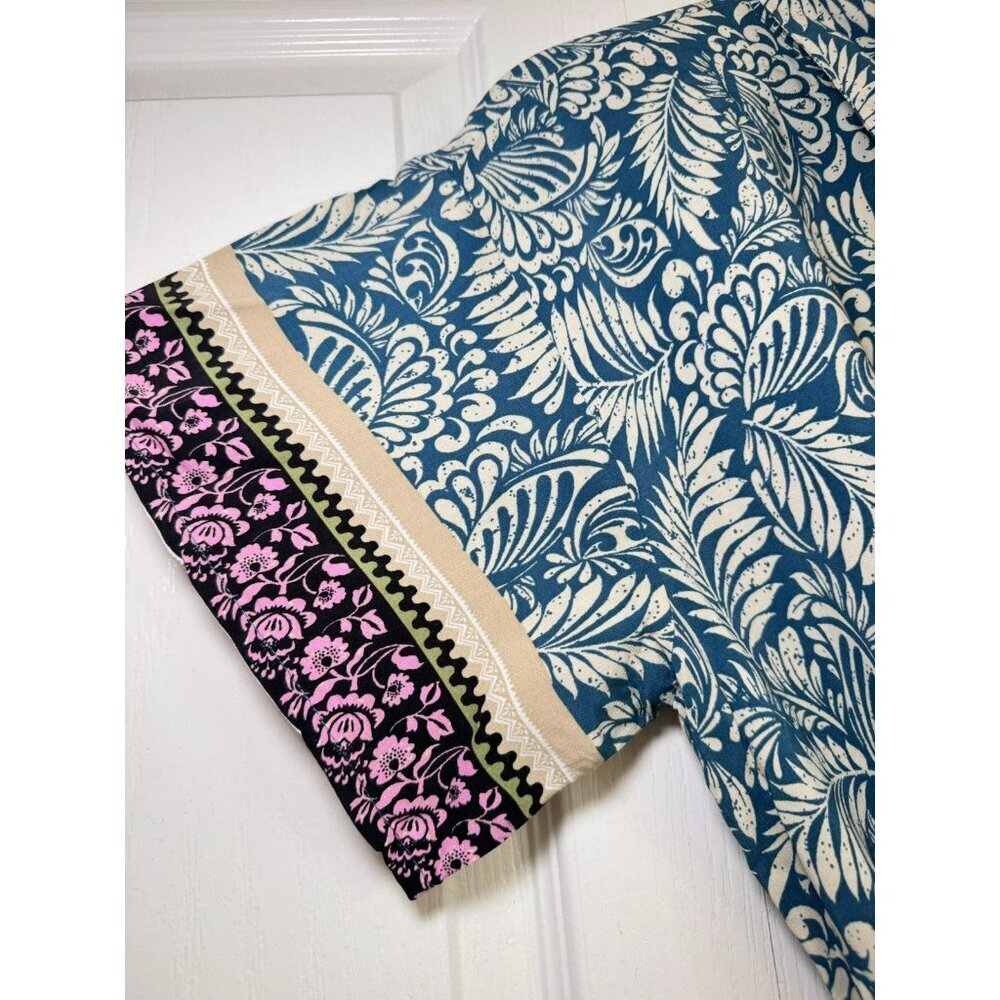 LOFT Printed Shirt Dress Belted Teal Pink Floral Boho Short Sleeve Size 8 - Picture 8 of 13